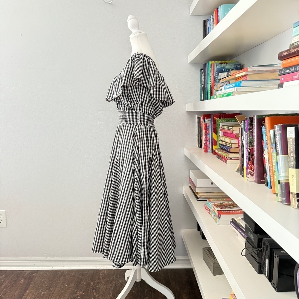 Chelsea & Theodore Black & White Gingham Off the Shoulder Midi Dress P Medium - Picture 4 of 11